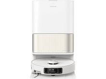 Charger l&#39;image dans la galerie, Robot aspirateur blanc avec base blanche et accents dorés.
