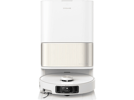 Robot aspirateur blanc avec base blanche et accents dorés.