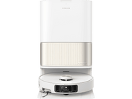 Robot aspirateur blanc avec base blanche et accents dorés.