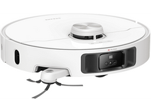 Charger l&#39;image dans la galerie, Un aspirateur robot blanc avec un dessus doré, une brosse et des capteurs sur fond blanc.
