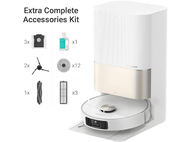 Aspirateur robot avec kit d'accessoires comprenant filtres, brosse et nettoyant.
