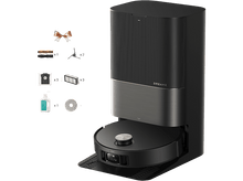 Charger l&#39;image dans la galerie, Aspirateur robot noir et doré avec accessoires. Comprend une station de charge et des produits de nettoyage.
