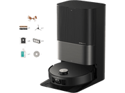 Aspirateur robot noir et doré avec accessoires. Comprend une station de charge et des produits de nettoyage.