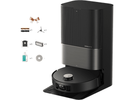 Aspirateur robot noir et doré avec accessoires. Comprend une station de charge et des produits de nettoyage.