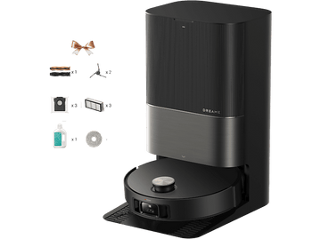 Aspirateur robot noir et doré avec accessoires. Comprend une station de charge et des produits de nettoyage.