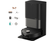 Aspirateur robot noir et doré avec accessoires. Comprend une station de charge et des produits de nettoyage.
