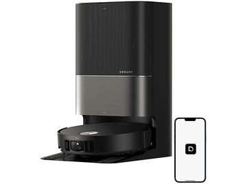 Un aspirateur robot noir et or avec une station d'accueil et un téléphone affichant une application.