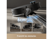 Charger l&#39;image dans la galerie, Un aspirateur robot noir gravissant une petite marche. Des images supplémentaires montrent des détails.
