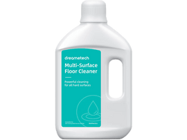 Bouteille de nettoyant pour sols blanche avec étiquette turquoise. Le texte dit : Multi-Surface Floor Cleaner.