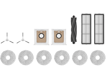 Pièces d'aspirateur. Comprend des brosses, des filtres et des sacs à poussière. Fond blanc.