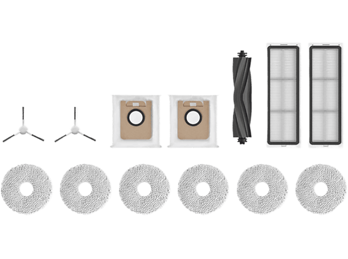 Pièces d'aspirateur. Comprend des brosses, des filtres et des sacs à poussière. Fond blanc.