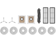 Pièces d'aspirateur. Comprend des brosses, des filtres et des sacs à poussière. Fond blanc.