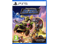 Couverture du jeu PS5. Shrek et d'autres personnages en karting sur une piste colorée.