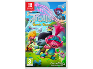 Boîtier de jeu Nintendo Switch pour Trolls Remix Rescue. Personnages Trolls colorés.