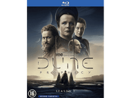 Couverture Blu-ray de Dune : Prophecy. Quatre personnes au premier plan, titre Dune, figures sur un paysage désertique et logo Blu-ray.