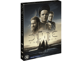 Boîtier DVD : "Dune: Prophecy" avec les visages des acteurs, un fond sombre avec des planètes et des étoiles.
