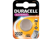 Emballage d'une pile Duracell 2032. Pile grise avec emballage et texte en noir et blanc.