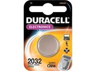 Emballage d'une pile Duracell 2032. Pile grise avec emballage et texte en noir et blanc.