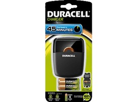Emballage du chargeur de batterie Duracell avec piles et chargeur.