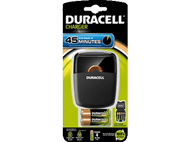 Emballage du chargeur de batterie Duracell avec piles et chargeur.