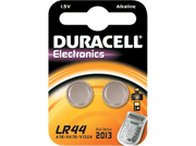 Piles Duracell LR44 dans un emballage, avec des icônes de calculatrice et d'appareil photo.