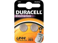 Piles Duracell LR44 dans un emballage, avec des icônes de calculatrice et d'appareil photo.