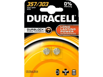 Paquet blister de piles Duracell avec deux piles bouton argentées. Emballage jaune et blanc.