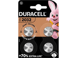 Pack de piles Duracell avec quatre piles et un personnage de lapin Duracell rose.