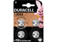 Pack de piles Duracell avec quatre piles et un personnage de lapin Duracell rose.