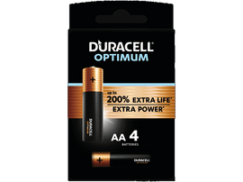 Piles Duracell Optimum AA dans un emballage noir et or avec du texte et un signe plus.