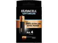 Piles Duracell Optimum AA dans un emballage noir et or avec du texte et un signe plus.