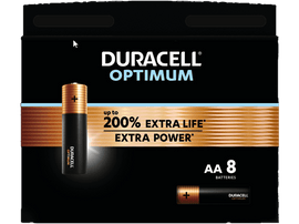 Paquet de piles Duracell Optimum AA, schéma de couleurs noir et or, avec des affirmations de durée de vie supplémentaire.