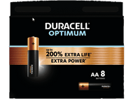 Paquet de piles Duracell Optimum AA, schéma de couleurs noir et or, avec des affirmations de durée de vie supplémentaire.