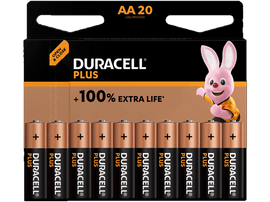 Un paquet de piles Duracell Plus AA avec une mascotte de lapin.