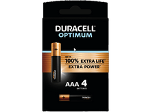 Charger l&#39;image dans la galerie, Une boîte noire de piles Duracell Optimum AAA, avec une pile visible.
