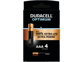 Une boîte noire de piles Duracell Optimum AAA, avec une pile visible.