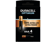 Une boîte noire de piles Duracell Optimum AAA, avec une pile visible.