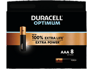 Pack de piles Duracell Optimum noir. Texte : Duracell Optimum. Jusqu'à 100% de durée de vie en plus.