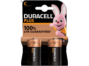Pack de piles Duracell Plus. Deux piles et un lapin rose sont visibles. Le texte dit 100% de durée de vie garantie.