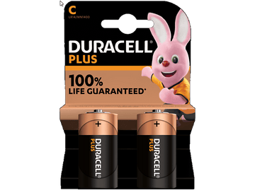 Pack de piles Duracell Plus. Deux piles et un lapin rose sont visibles. Le texte dit 100% de durée de vie garantie.