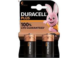 Pack de piles Duracell Plus. Deux piles et un lapin rose sont visibles. Le texte dit 100% de durée de vie garantie.