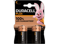 Pack de piles Duracell Plus. Deux piles et un lapin rose sont visibles. Le texte dit 100% de durée de vie garantie.