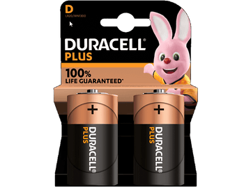 Piles Duracell Plus dans un emballage. Personnage de lapin rose visible sur l'emballage.