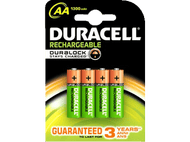 Un paquet de piles rechargeables AA Duracell. Les piles sont orange et vertes.