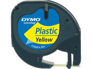 Cartouche d'étiqueteuse Dymo noire et jaune. Le texte indique 'Plastic Yellow'.