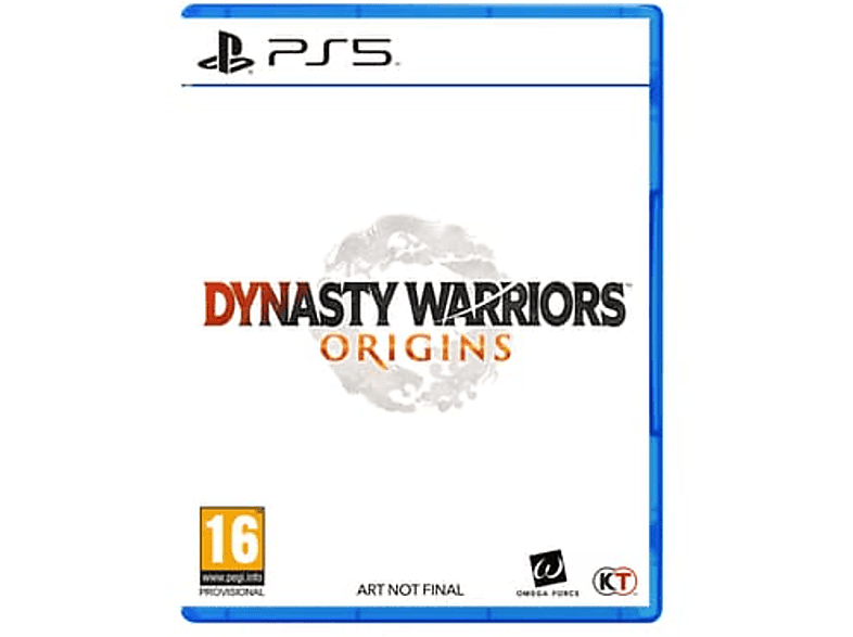 Boîtier de jeu PS5, fond blanc avec titre 'Dynasty Warriors Origins'. Boîtier bleu avec logo PlayStation noir.