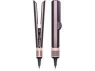 Un lisseur de cheveux. Un côté est ouvert, montrant un affichage numérique. L'autre côté est fermé. Couleur or rose.