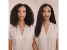 Charger l&#39;image dans la galerie, Deux femmes, une avec des cheveux bouclés et une avec des cheveux lissés, portant des hauts blancs.
