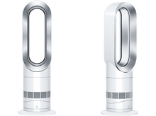 Charger l&#39;image dans la galerie, Deux ventilateurs Dyson blancs avec un centre argenté. Ils sont sur une surface noire.
