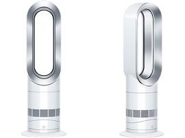 Deux ventilateurs Dyson blancs avec un centre argenté. Ils sont sur une surface noire.